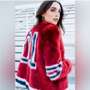 MOTHER Red and Blue Faux Fur Varsity Jacket